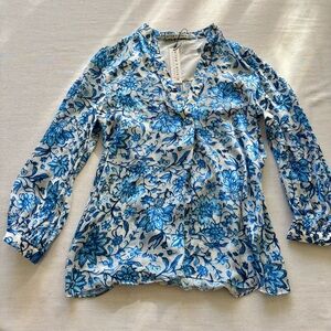 NWT Alice & Olivia Shelia Floral Silk Blend Blouse, Blue White, XS | Boho Chic